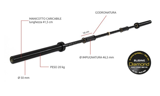 BILANCIERE SLIDING GRIP - CARICO MAX 320 KG COD.BSG LINEA DIAMOND FITNESS