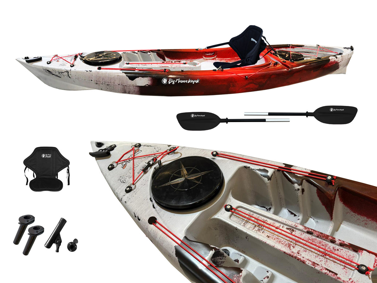 CANOA 1 POSTO SINGOLO ACQUAPRIMA FISHING LIMITED EDITION BIG MAMA KAYAK, MONOPOSTO 310 CM + 3 PORTACANNE + 2 GAVONE + 1 PAGAIA + 1 SEGGIOLINO (FULL PACK) - SNAKE ROSSO