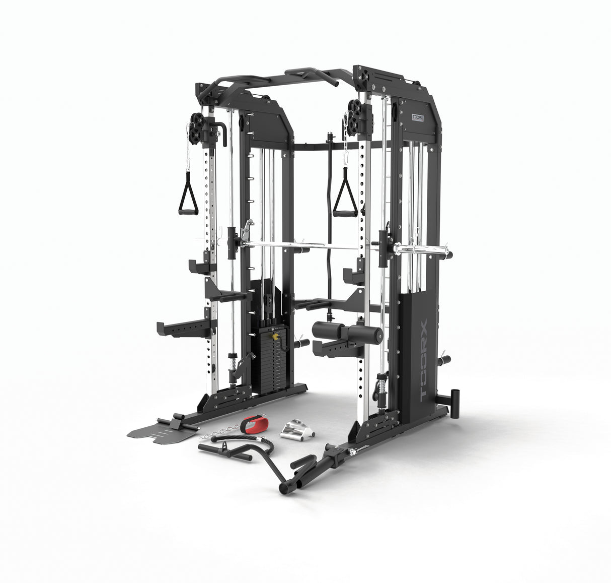 Toorx Vertical - ASX-5000 Stazione multifunzione all in one pacco pesi 2 x 90 kg -Dual Pulley + Smith machine + Rack functional con traliccio per le trazioni e dip station