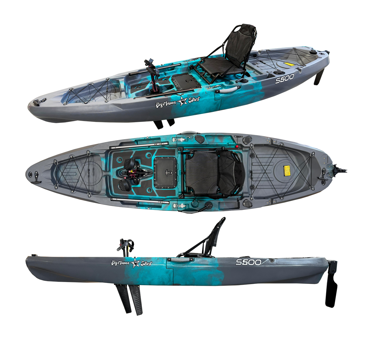 Big Mama S500 fishing con 5 portacanne, modello divisibile, pedali, sedile e timone