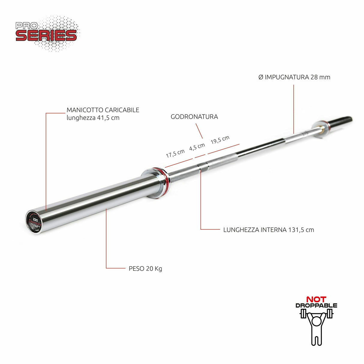 BILANCIERE OLIMPICO lunghezza 220 CM  carico max 320 kg - Cod. BOD220N- LINEA DIAMOND