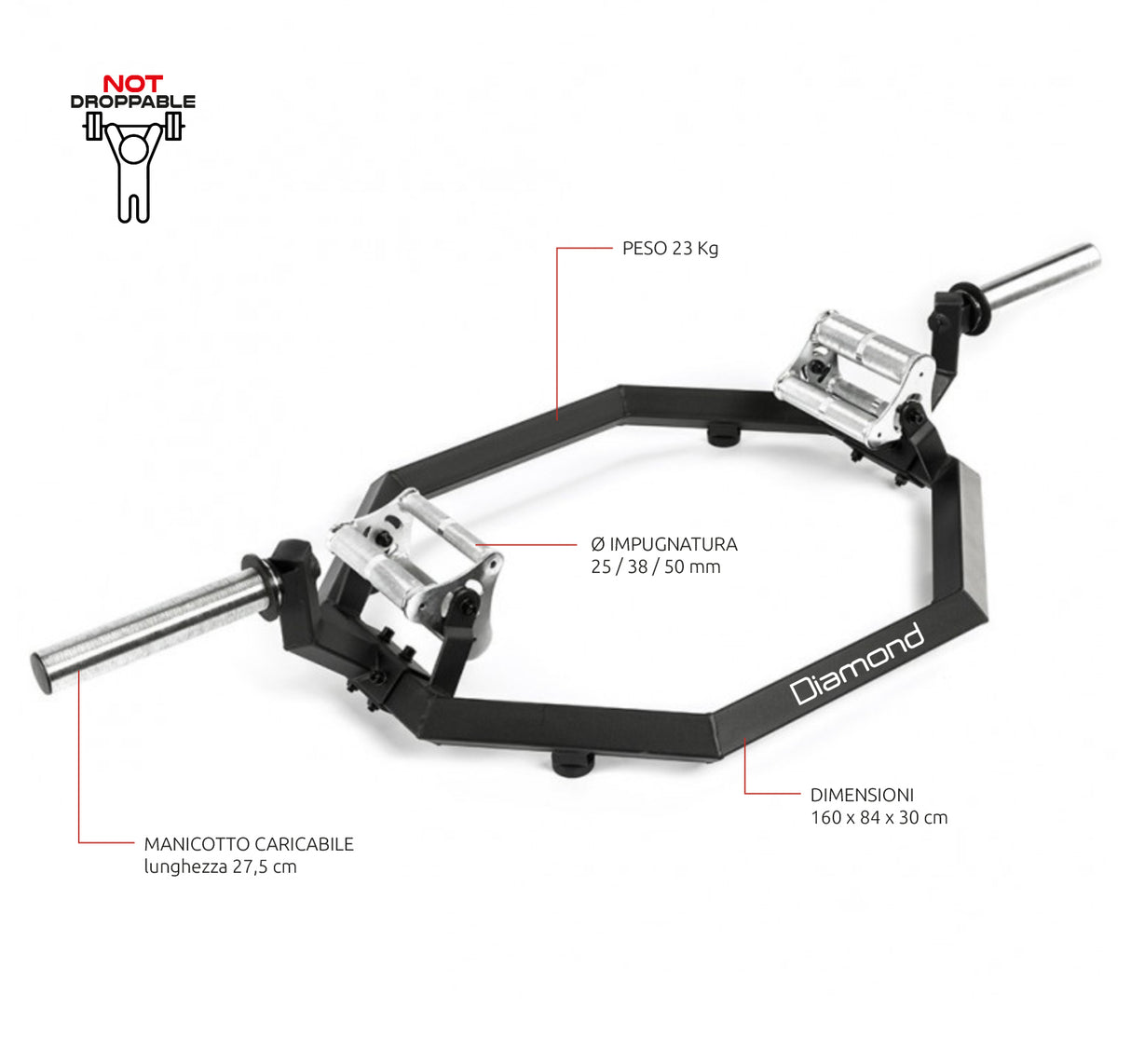 BILANCIERE OLIMPICO ESAGONALE – SHRUG BAR PRO – carico max 300 Kg - Cod. BOED-P - LINEA DIAMOND