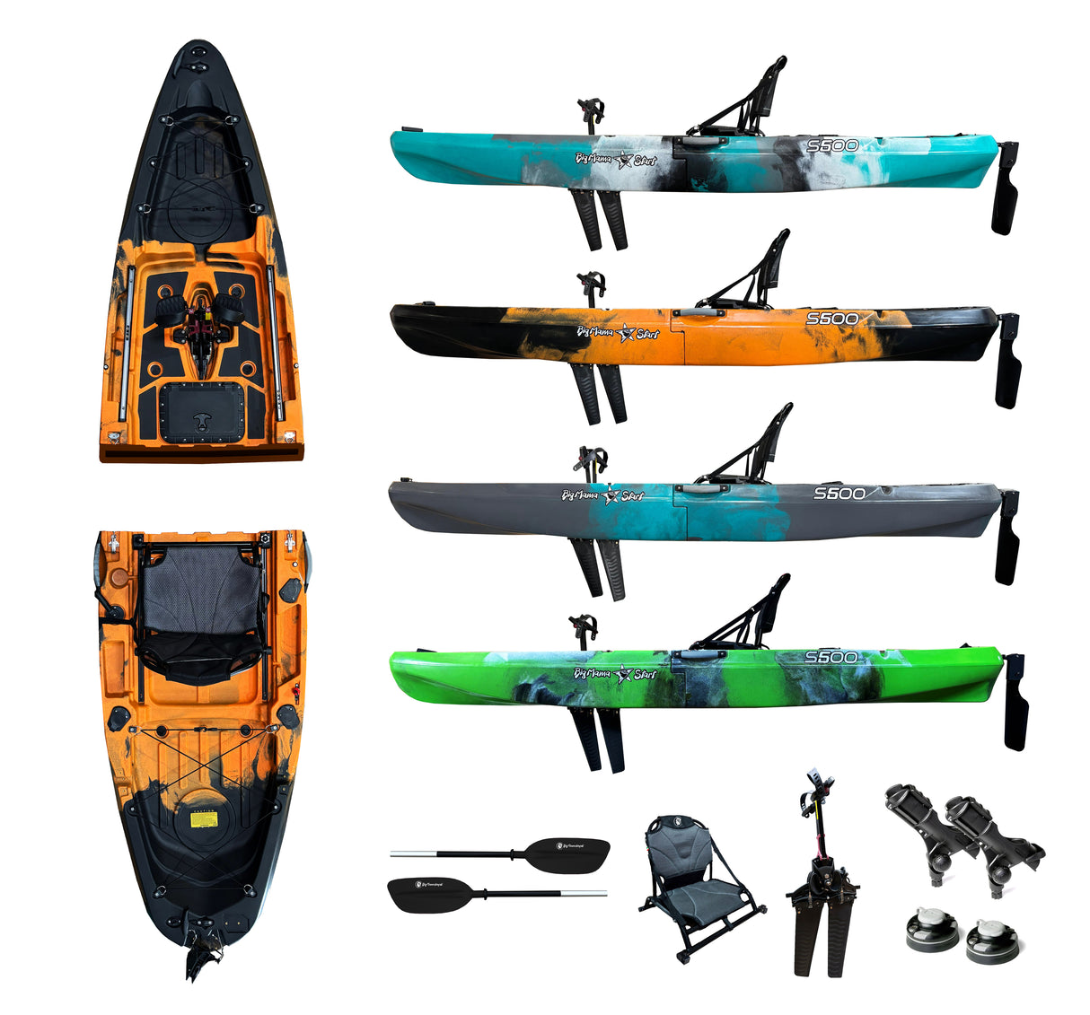 Big Mama S500 fishing con 5 portacanne, modello divisibile, pedali, sedile e timone