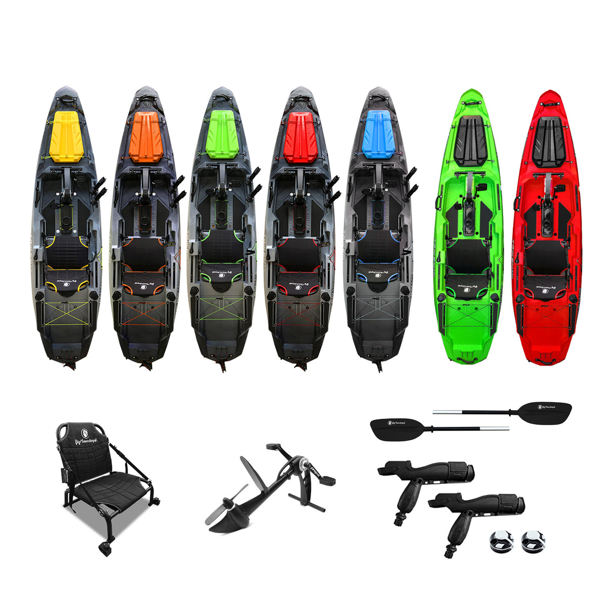 BIG MAMA KAYAK A PEDALI TRIKEN 330 - CANOA MONOPOSTO FISHING CON 4 PORTACANNE, 2 GAVONI, TIMONE, SISTEMA DI PEDALI, SEDILE RIALZATO, 11 BARRE DI SCORRIMENTO