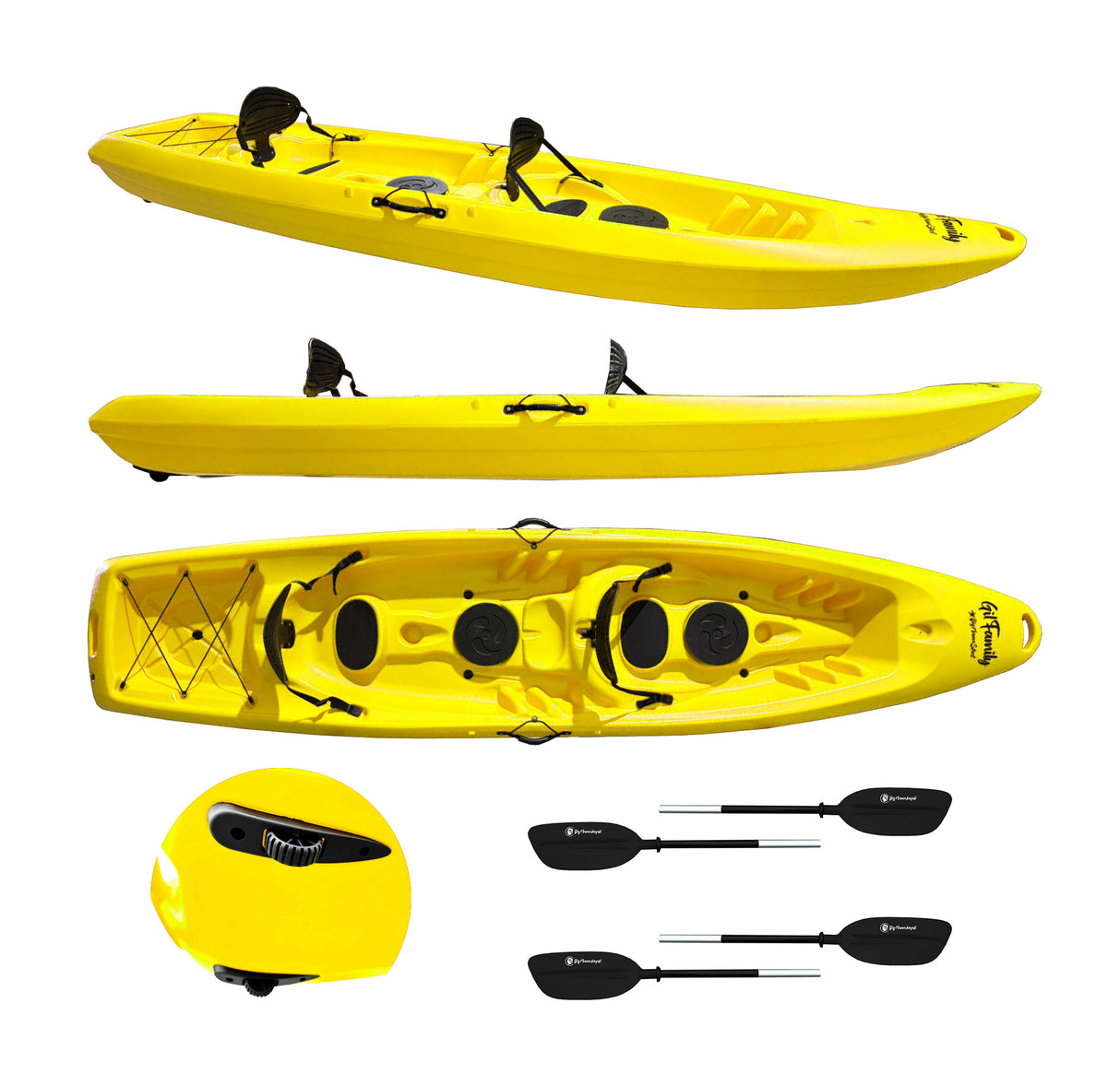 kayak da mare e lago 3 posti modelli GIL FAMILY, inclusi 2 sedili e 2 pagaie e ruote di trasporto col. GIALLO