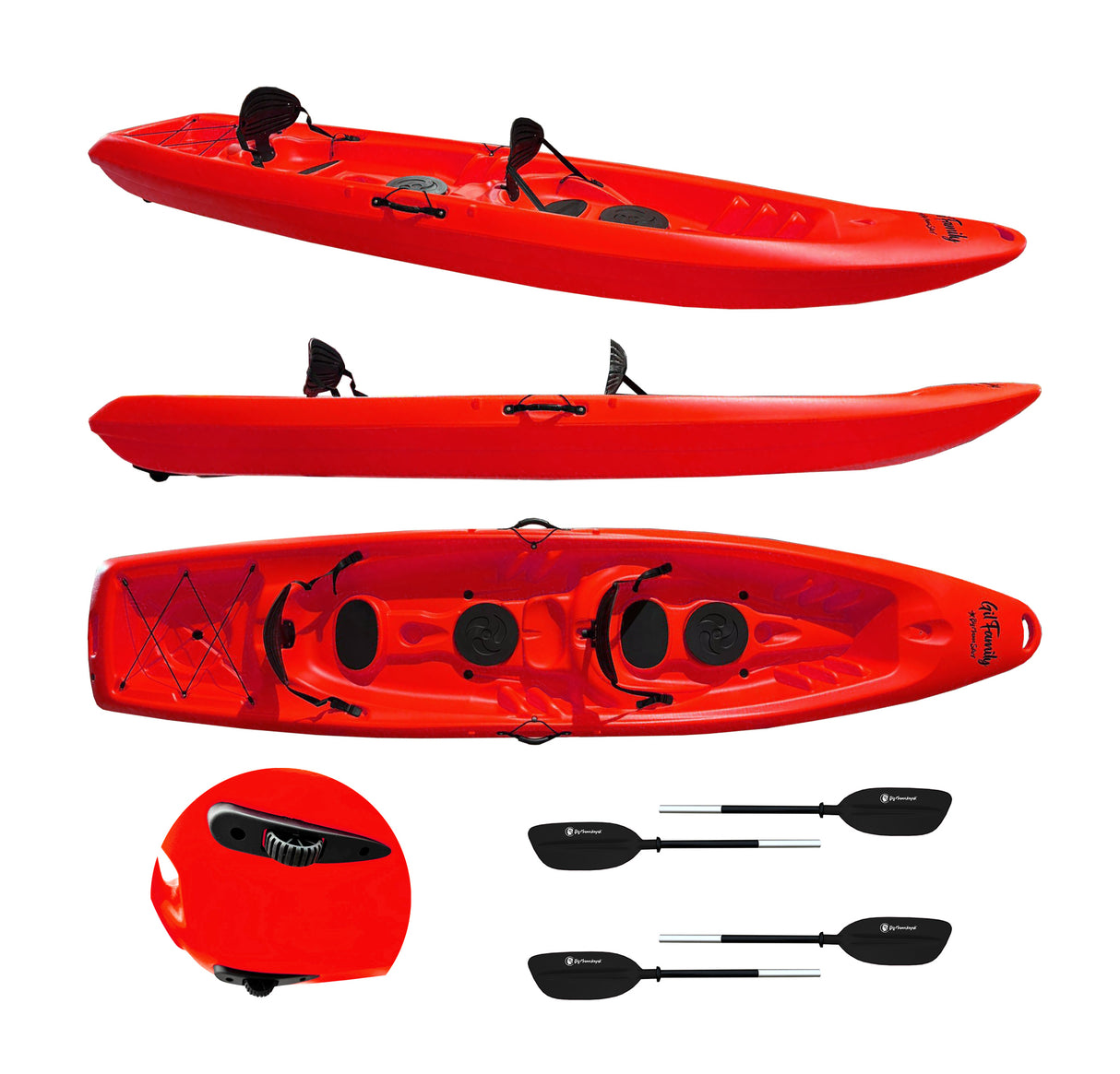kayak da mare e lago 3 posti modelli GIL FAMILY, inclusi 2 sedili e 2 pagaie e ruote di trasporto col. rosso