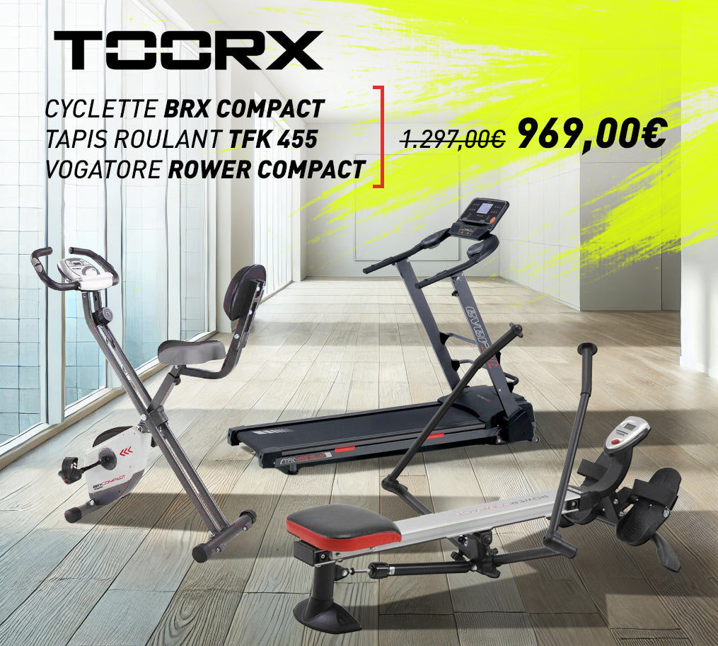 Kit palestra casa 3 macchine Cyclette Toorx BRX COMPACT, Tapis Roulant Everfit TFK455, Vogatore toorx ROWER COMPACT