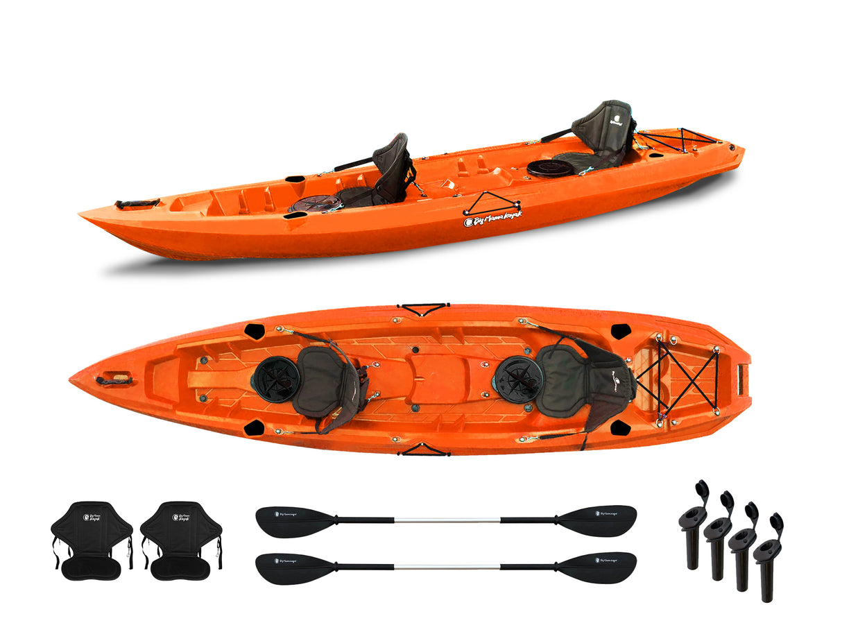 Canoa biposto da pesca - Mojito Fishing Big mama kayak - kayak 380 cm - 2 posti adulto + 1 posto bambino + 2 gavoni + 2 ruote integrate + 2 pagaie + 2 seggiolini + 4 portacanne - ARANCIONE