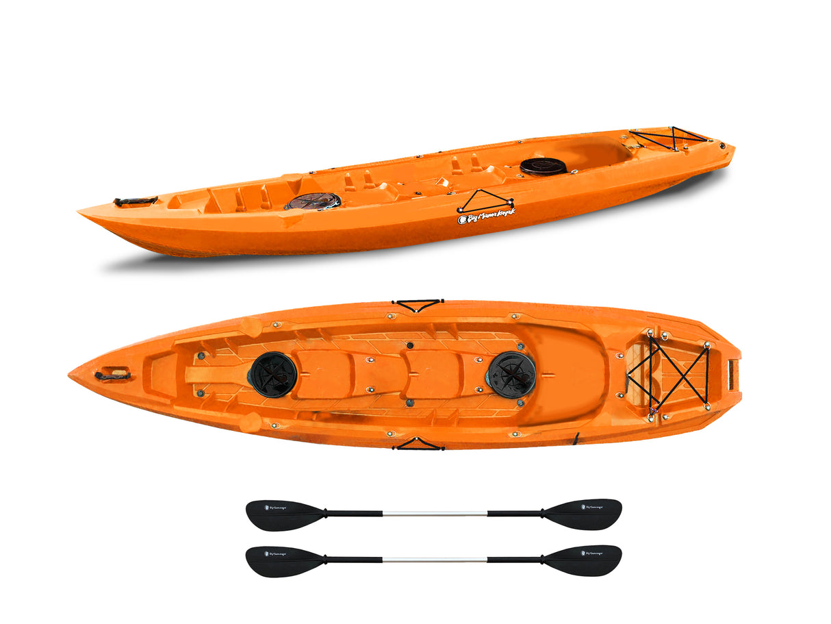 Canoa biposto Mojito Big mama kayak - 380 cm - 2 posti adulto + 1 posto bambino + 2 gavoni + 2 ruote integrate + 2 pagaie omaggio - ARANCIONE
