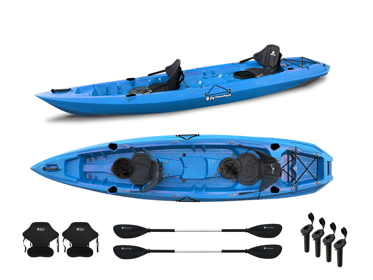 Canoa biposto da pesca - Mojito Fishing Big mama kayak - kayak 380 cm - 2 posti adulti + 1 posto bambino + 2 gavoni + 2 ruote integrate + 2 pagaie + 2 seggiolini + 4 portacanne - AZZURRO