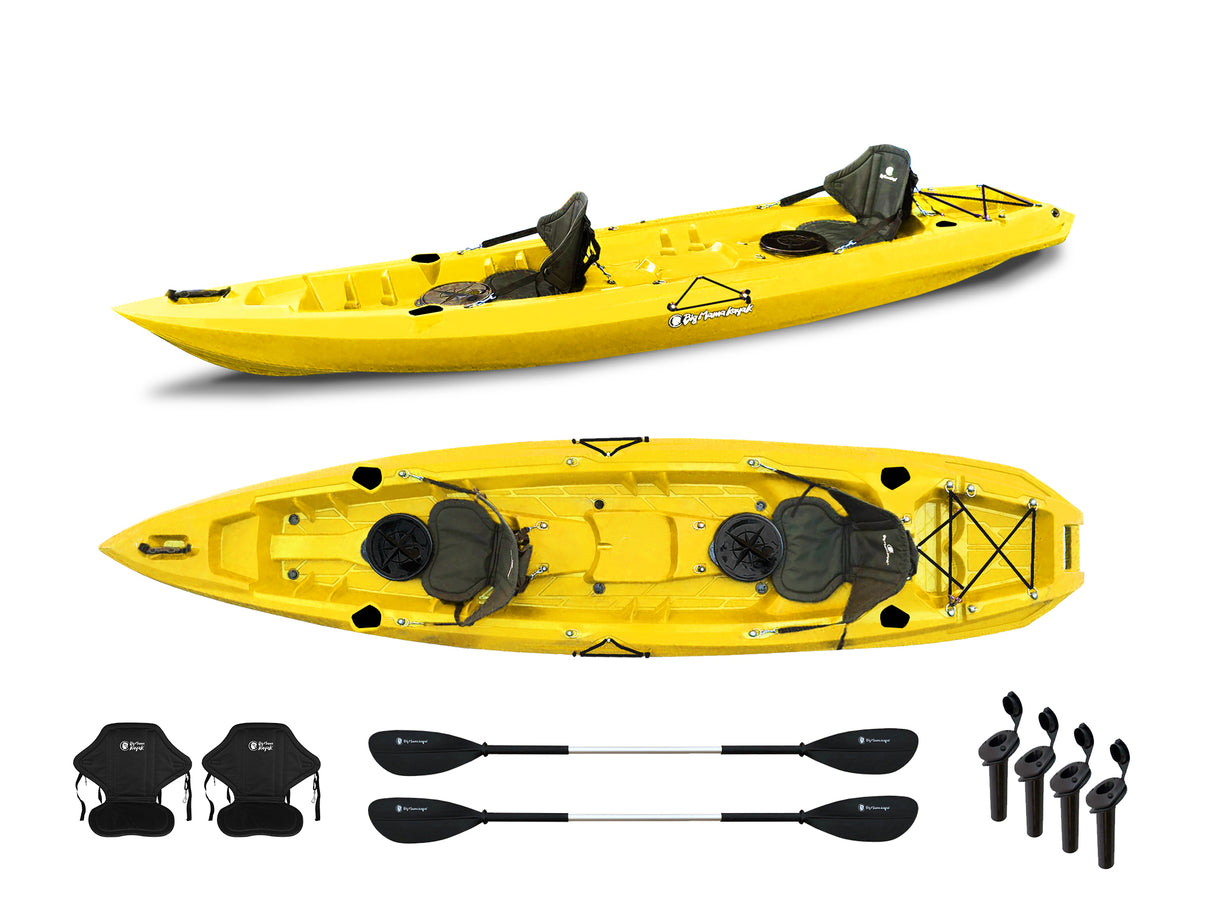 Canoa biposto da pesca - Mojito Fishing Big mama kayak - kayak 380 cm - 2 posti adulto + 1 posto bambino + 2 gavoni + 2 ruote integrate + 2 pagaie + 2 seggiolini + 4 portacanne - GIALLO