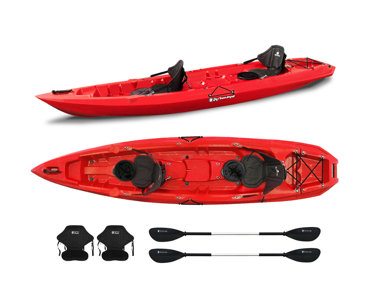 Kayak due posti Mojito Big mama kayak - canoa 380 cm - 2 posti adulto + 1 posto bambino + 2 gavoni + 2 ruote integrate + 2 pagaie + 2 seggiolini - ROSSO
