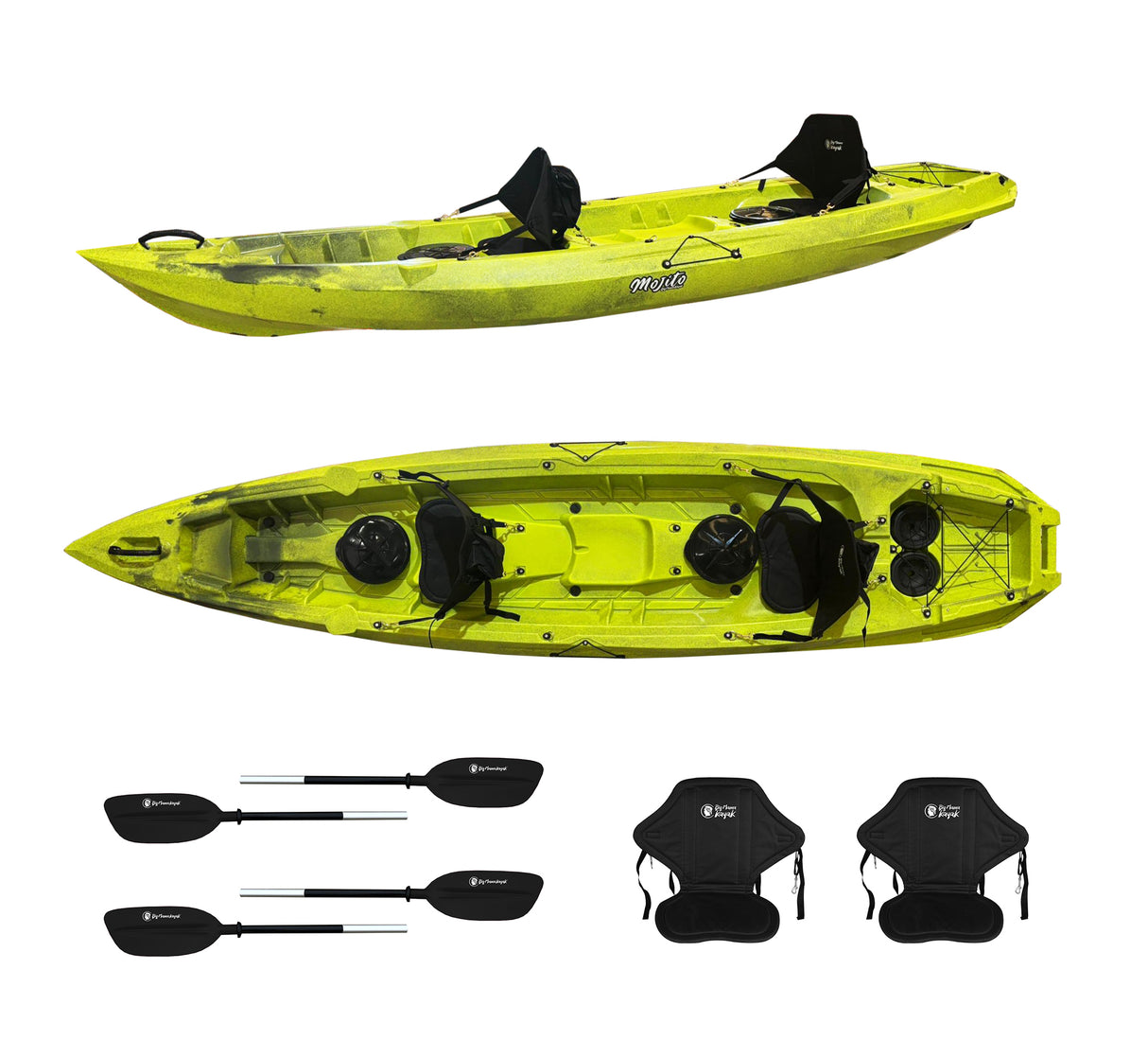 MOJITO BIG MAMA KAYAK canoa con 2 + 1 Posti, 380 Cm + 2 Gavoni + 2 ruote integrate + 2 Pagaie + 2 Seggiolini (FULL PACK)