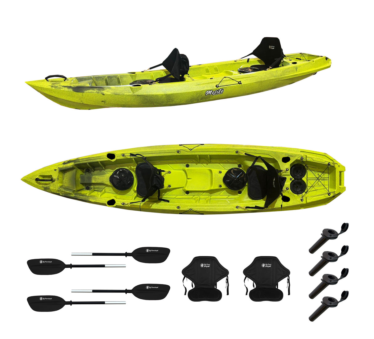 MOJITO FISHING BIG MAMA KAYAK CANOA 2 + 1 posti, 380 Cm + 2 pagaie + 2 Seggiolini + 2 Gavoni + 2 ruote integrate + 4 portacanne (FULL PACK)