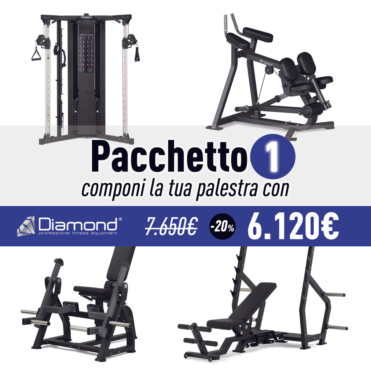 Pacchetto palestra 1 con 4 macchine - GB750-OLYINCLINE, PL300-STANDINGLEGCURL, CCR-P, PL-LEGEXTENTION