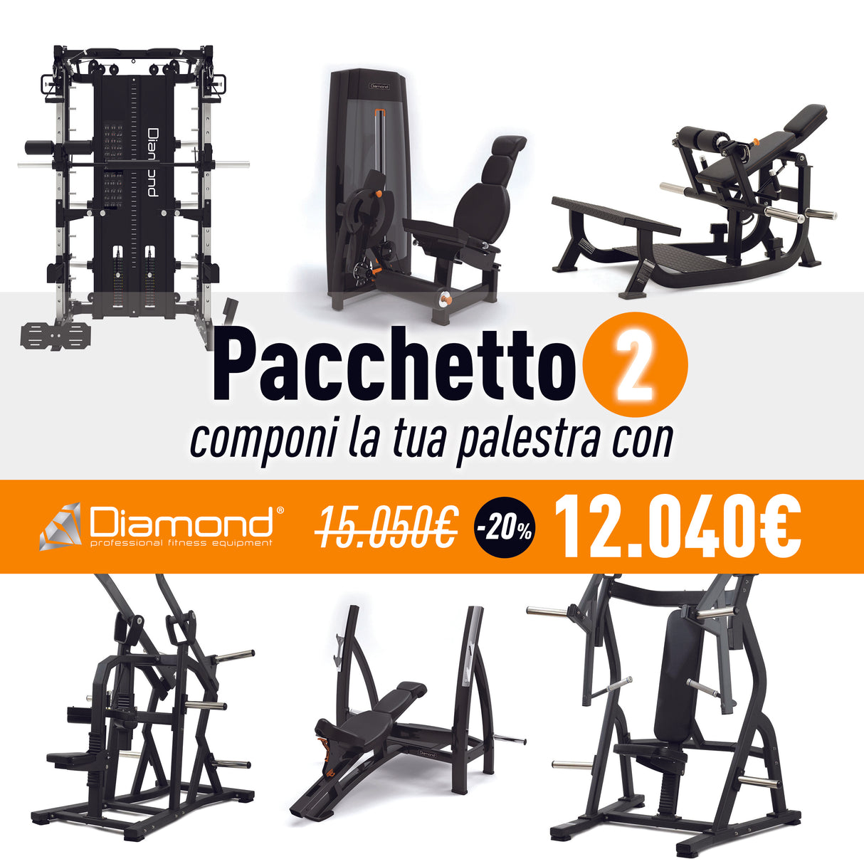 Pacchetto palestra 2 con 6 macchine - PL-PULLDOWN, PL-CHESTPRESS, PL750-HIPTHRUST, ALLIN1-FTP, WS750-LEGEXTENTION, GB750-OLYINCLINE