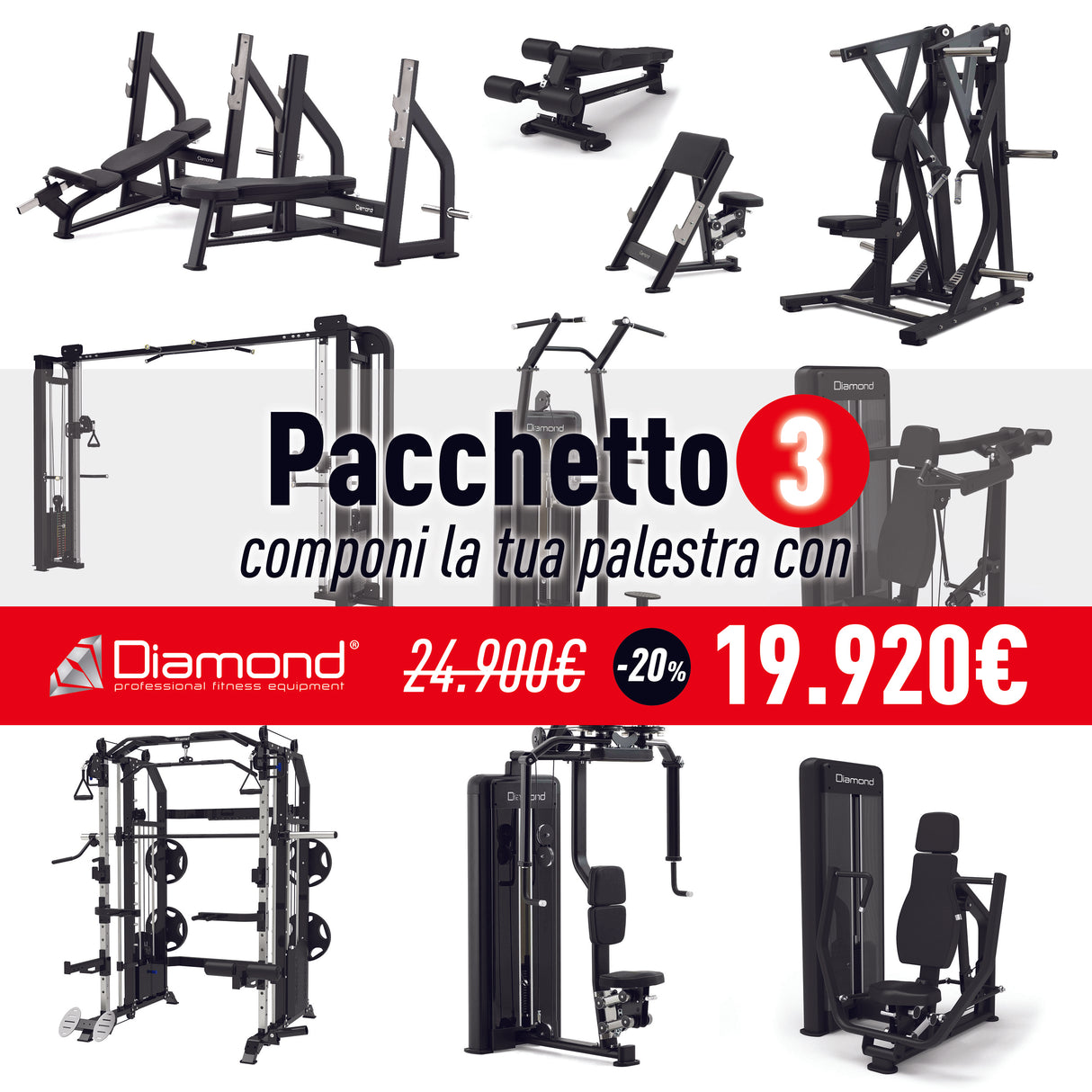 Pacchetto palestra 3 con 11 macchine - ALLIN1-FT, WS-CABLECROSS, WS550-BUTTERFLY, GB550-OLYFLAT, PL-LOWROW, WS550-SHOWLDERPRESS, WS550-CHESTPRESS, WS550-CHINUPDIP, GB550-ADDOMINAL, GB550-OLYINCLINE