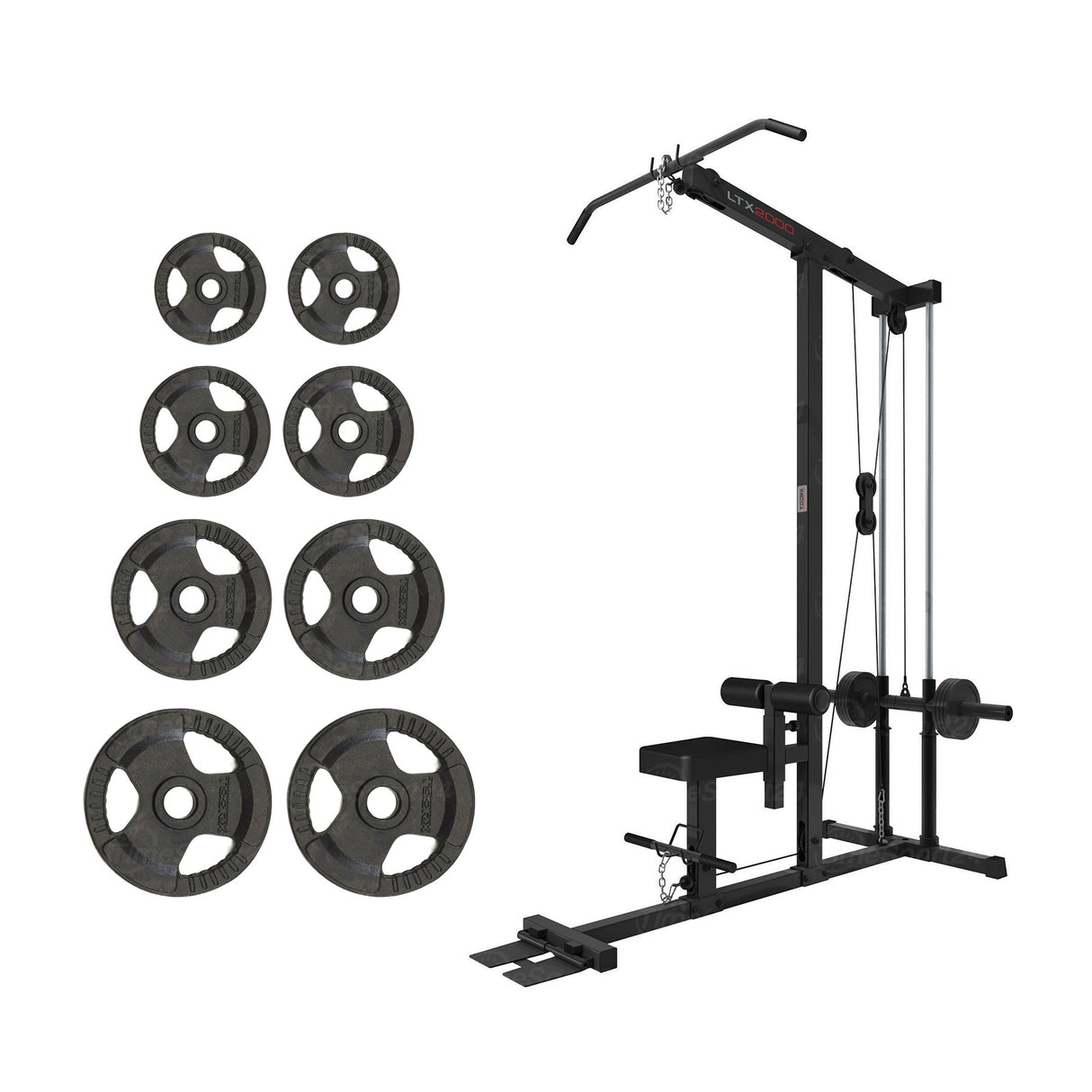 PACK LTX-2000 LAT MACHINE CON PULLEY BASSO A CARICAMENTO DISCHI COD.LTX-2000 + DISCHI GHISA 100 KG TOTALI (2x5 kg + 2x 10 kg + 2 x15 kg + 2 x 20 kg) TOORX