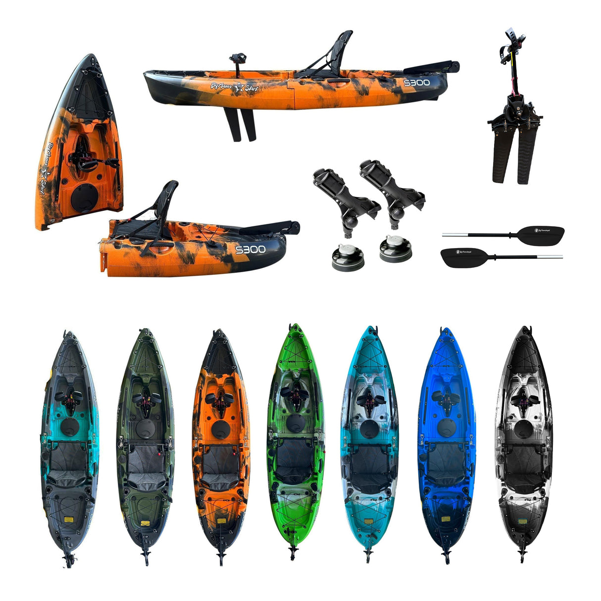 Kayak divisibile a pedali con pinne BIG MAMA START S300 + 2 portacanne orientabili