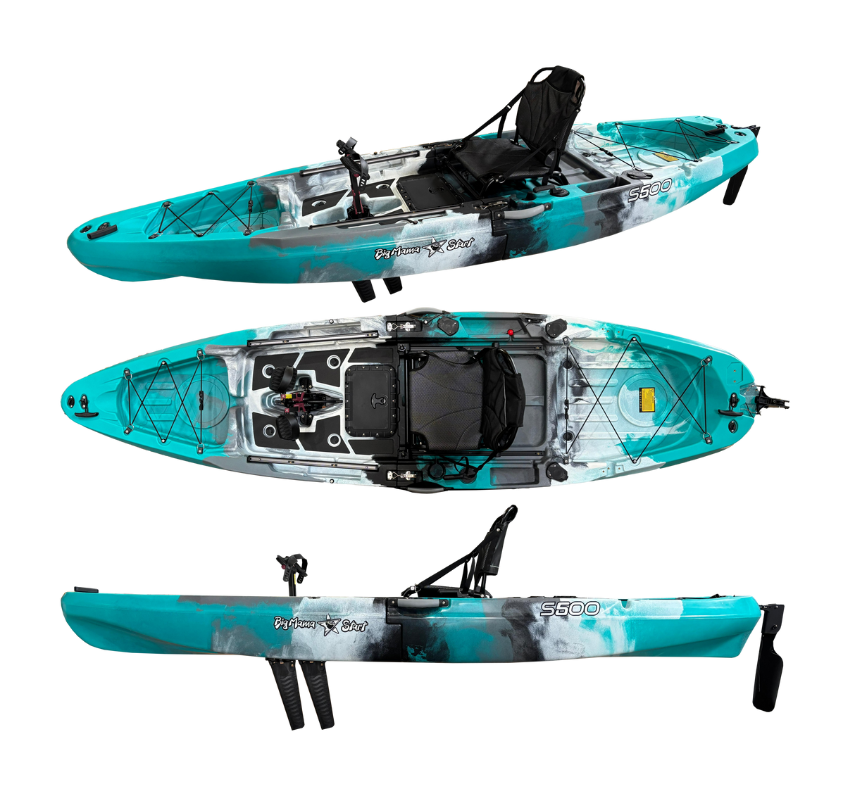 Big Mama S500 fishing con 5 portacanne, modello divisibile, pedali, sedile e timone