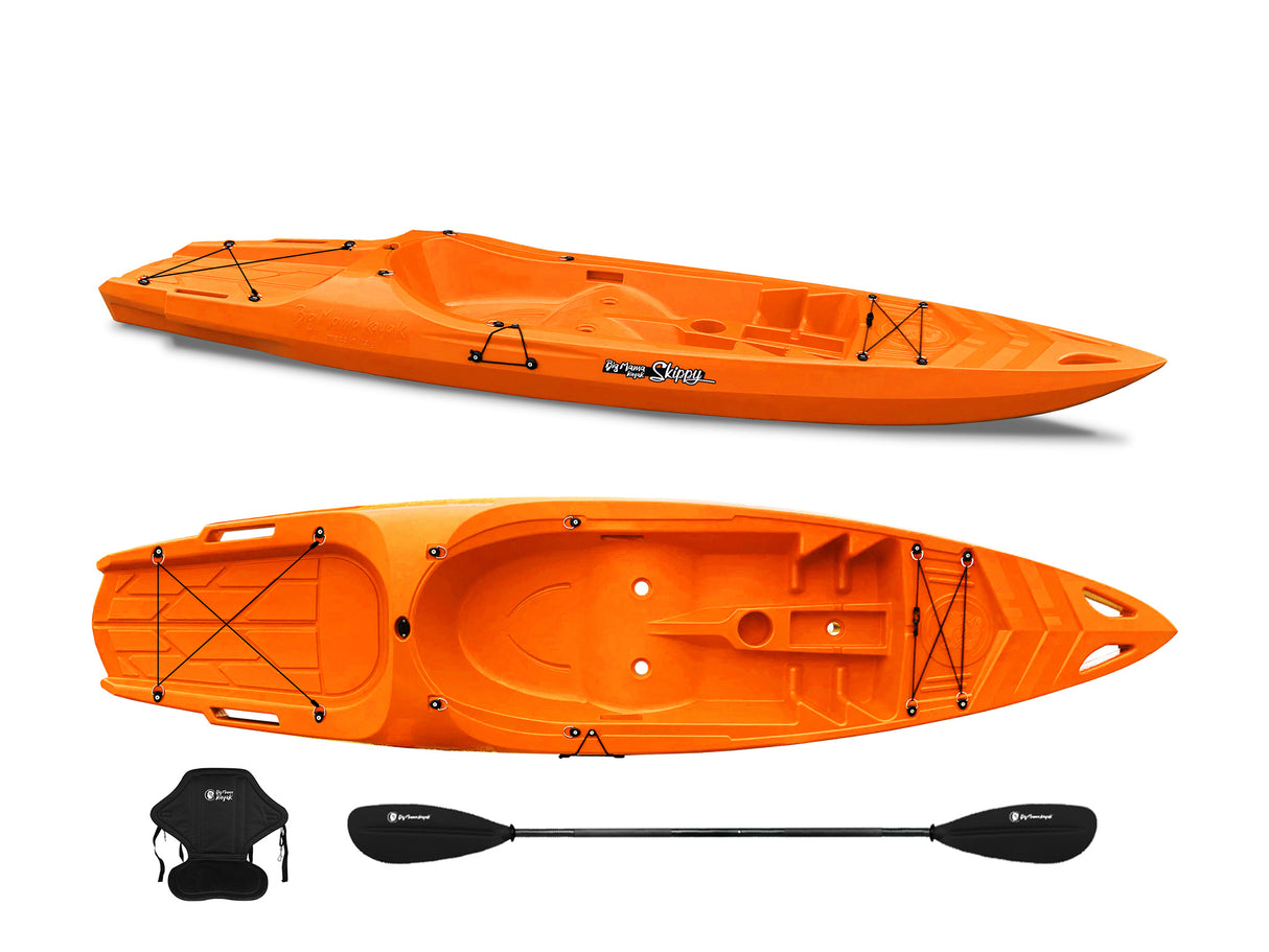 Canoa 1 posto singolo Skippy 2.0 Big mama kayak - Kayak 305 cm con 1 posto adulto + 1 posto bambino + pagaia + seggiolino (FULL PACK) - ARANCIONE