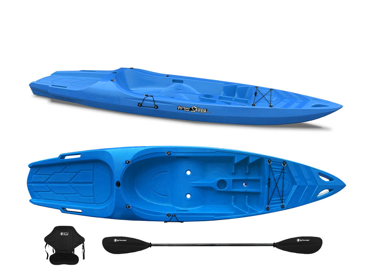 Canoa 1 posto singolo Skippy 2.0 Big mama kayak - Kayak 305 cm con 1 posto adulto + 1 posto bambino + pagaia + seggiolino (FULL PACK) - AZZURRO