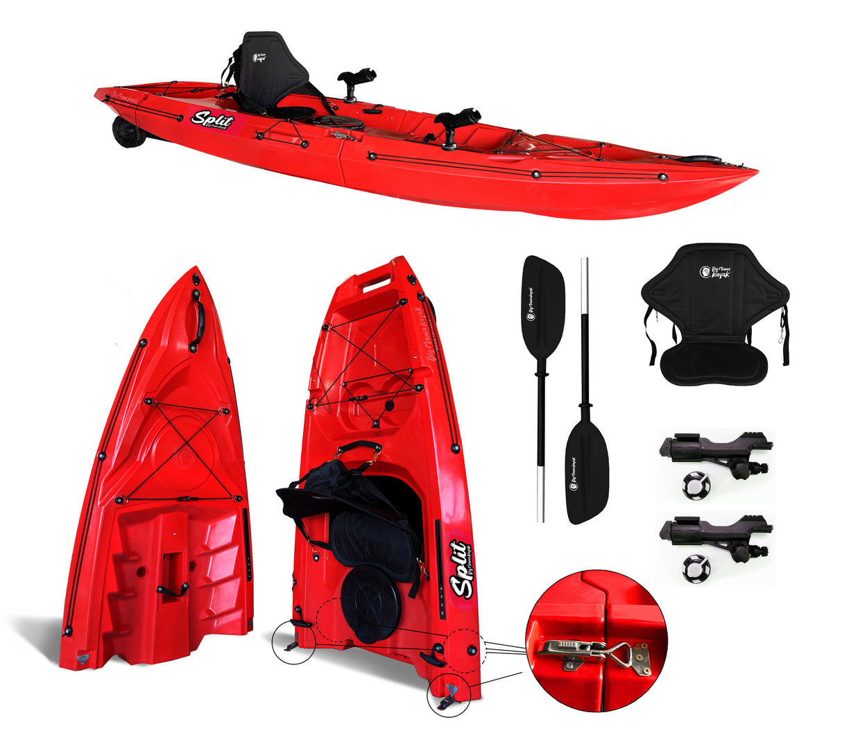 kayak divisibile Split 1 Fishing Big Mama kayak, canoa modulare, si monta in 30 secondi, con 2 portacanne (rosso)