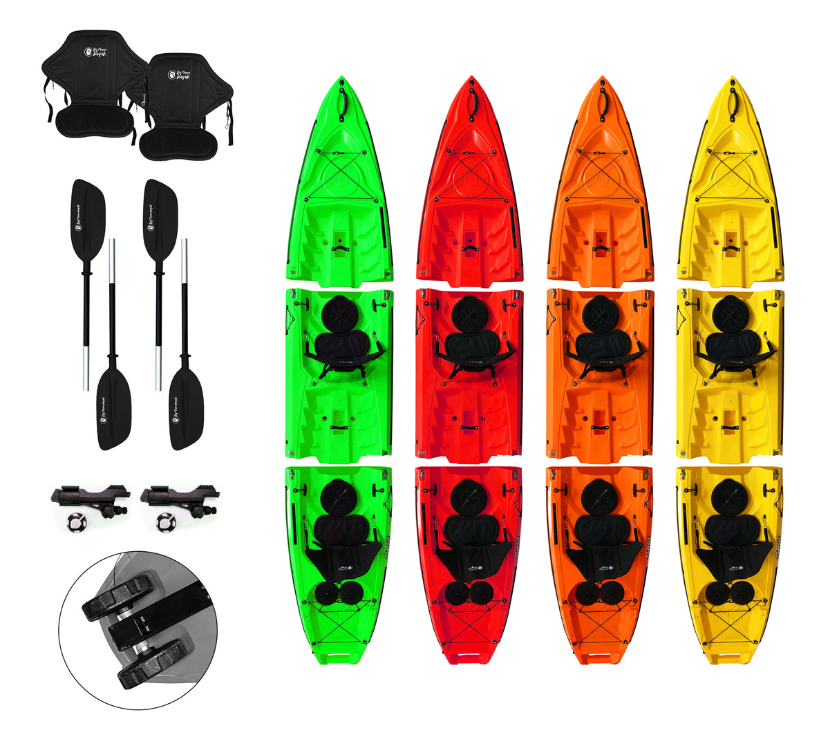 Kayak smontabile Split 2 Fishing Big Mama kayak con 2 ruote e 2 gavoni, 2 seggiolini, 2 pagaie, 2 porta canne