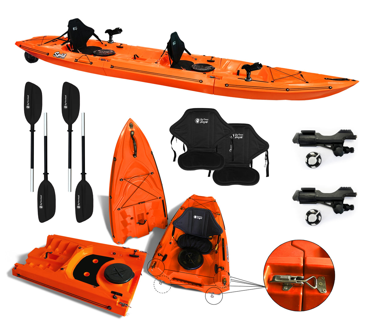 Kayak smontabile Split 2 Fishing Big Mama kayak con 2 ruote e 2 gavoni, 2 seggiolini, 2 pagaie, 2 porta canne
