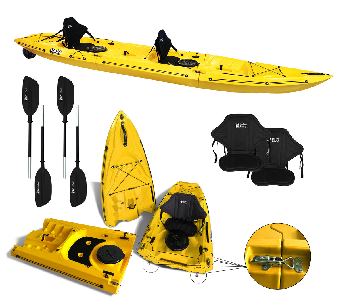 kayak smontabile Split 2 Big Mama kayak con 2 ruote e 2 gavoni, 2 seggiolini, 2 pagaie