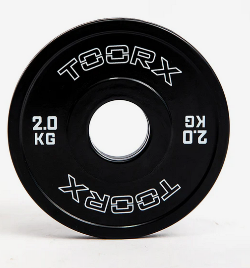 Coppia Dischi Microcarichi gommati olimpici in gomma nera 2 kg. Ø Foro 50 mm. Linea Toorx CDBM-2