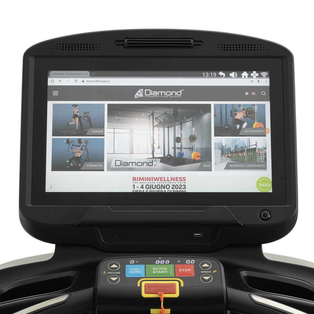 T-95 tapis roulant 7,0-9,0 Hp AC 25 Km/h - 600 x 1570 mm prelubrificato. Touch Screen HD 19,5" - Inclinazione 21%- fascia BT - Wi Fi + USB per ricarica+Bluetooth per apps Zwift, Kinomap e Fitshow - Linea Diamond professional Cod. T95