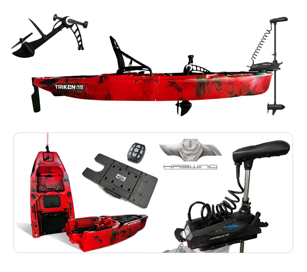 Triken 330 live S Bigmama Kayak con Motore di prua Haswing Cayman 55lb con GPS + Pedali divisibile, con ruote e vasca del vivo