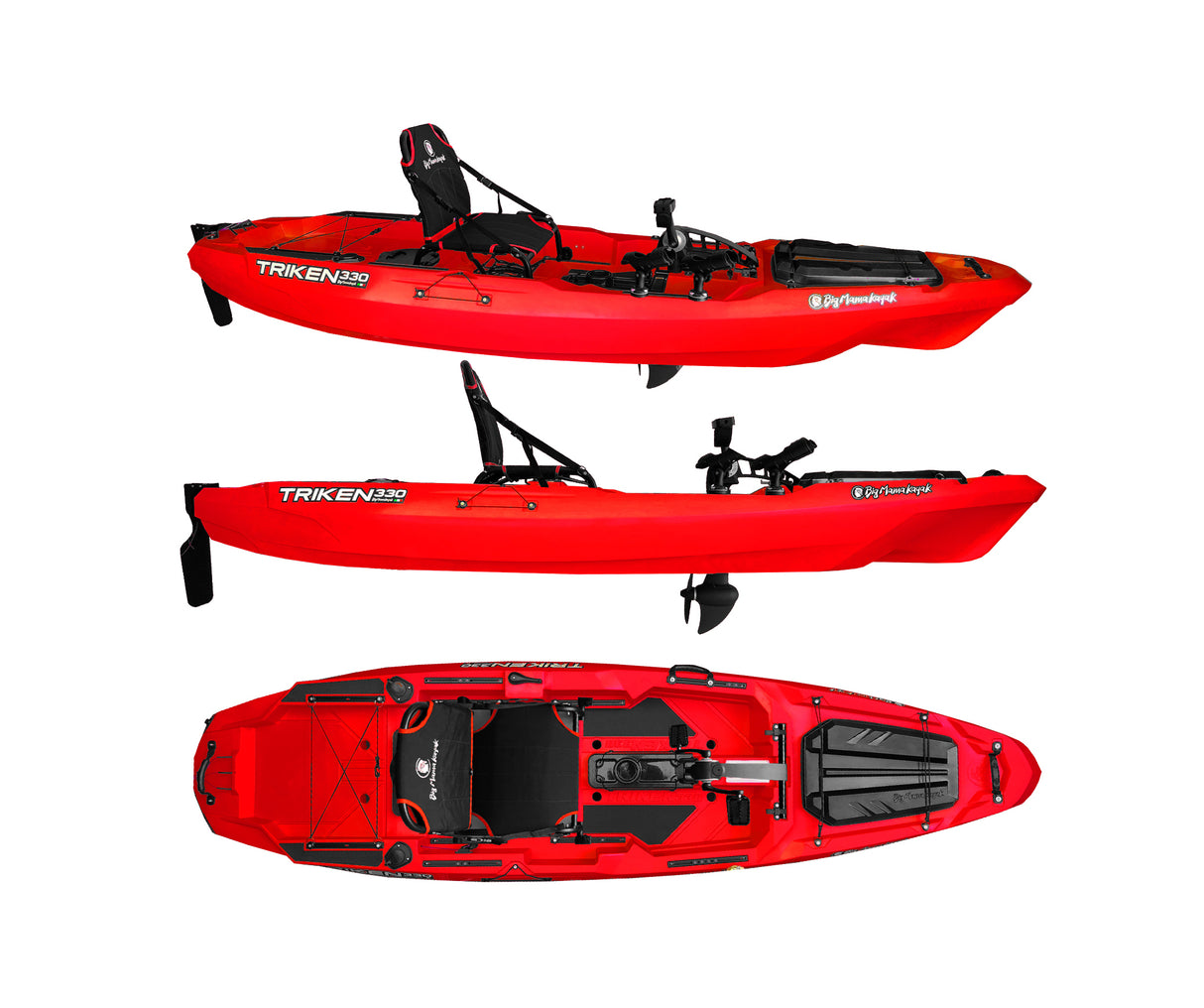 BIG MAMA KAYAK A PEDALI TRIKEN 330 - CANOA MONOPOSTO FISHING CON 4 PORTACANNE, 2 GAVONI, TIMONE, SISTEMA DI PEDALI, SEDILE RIALZATO, 11 BARRE DI SCORRIMENTO ver. scafo rosso