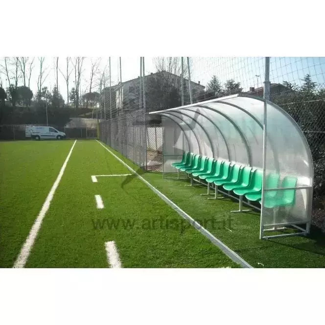 Af1502/18 Panchina Allenatori Lunghezza 9 Metri ( 18 Posti) Panchina Da Calcio Copertura In Policarbonato Alveolare Tetto Curvo Seduta In Scocche Di Pvc