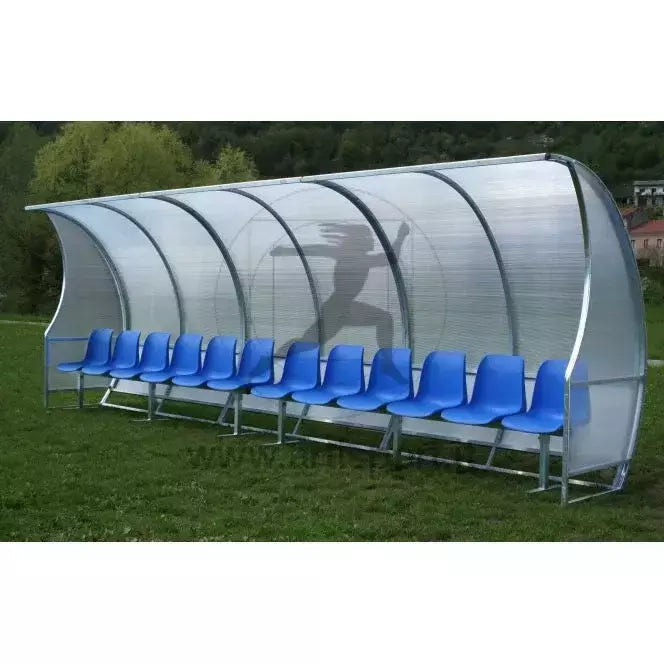 Af1502/18 Panchina Allenatori Lunghezza 9 Metri ( 18 Posti) Panchina Da Calcio Copertura In Policarbonato Alveolare Tetto Curvo Seduta In Scocche Di Pvc