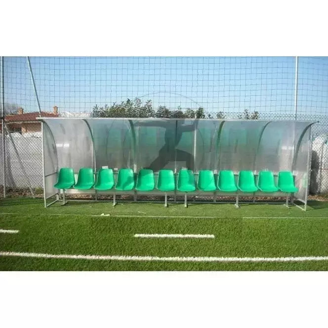 Af1502/16 Panchina Allenatori Lunghezza 8 Metri ( 16 Posti) Panchina Da Calcio Con Copertura In Policarbonato Alveolare Tetto Curvo Seduta In Scocche Di Pvc