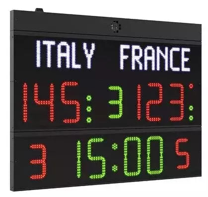 Tabellone Segnapunti Multisport - Nomi Squadre Programmabili, Pallacanestro, Pallavolo, Calcio A 5, Pallamano, Pallanuoto,ping Pong, Pugilato, Hockey Su Ghiaccio E Pista, Badminton Cod.fc50h25n Art.3045025n Omologato Fiba - 140x108x9cm