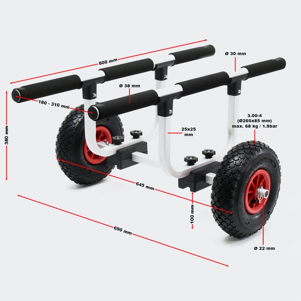 Carrello Porta Canoe Kayak Trolley Barre Orizzontali Portata 90 Kg - Ruote Da 26 Cm Cod 62640 62639 - Big Mama Kayak Adatto A Triken 405