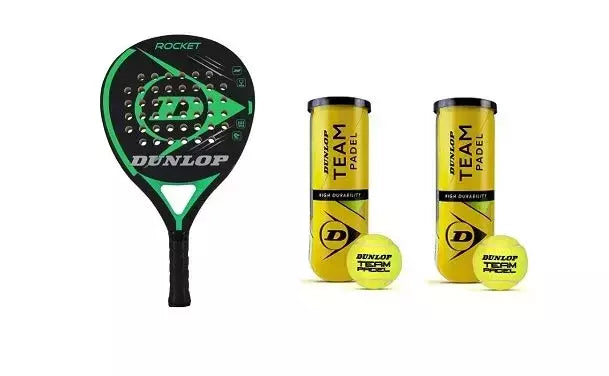 PROMO Pack Racchetta Padel Rocket Green Dunlop Cod.623964 + 2 Tubi Palline (6 Pz) Cod.601385
