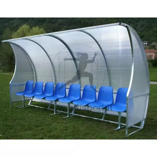 Af1502/8 Panchina Allenatori Lunghezza 4 Metri (8 Posti) Panchina Da Calcio Copertura In Policarbonato Alveolare,tetto Curvo Seduta In Scocche Di Pvc