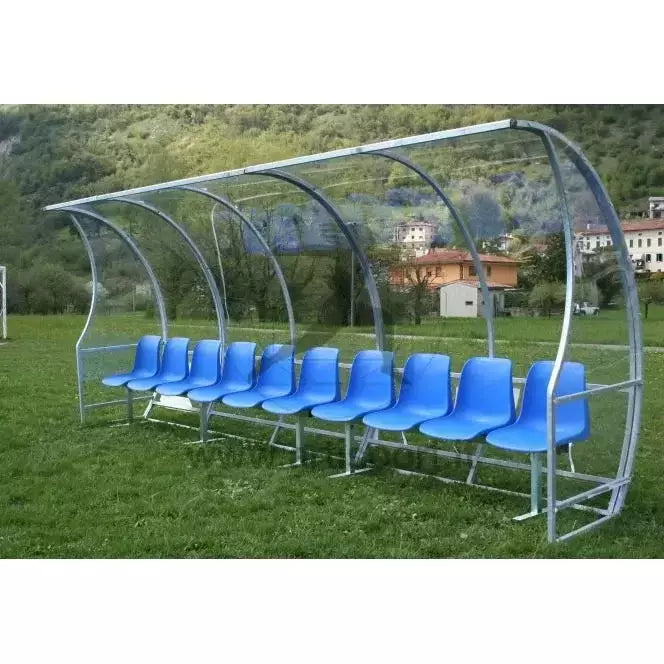 Af1504/10 Panchina Allenatori Lunghezza 5 Metri (10 Posti) Panchina Da Calcio Copertura In Policarbonato Trasparente Tetto Curvo Seduta In Scocche Di Pvc