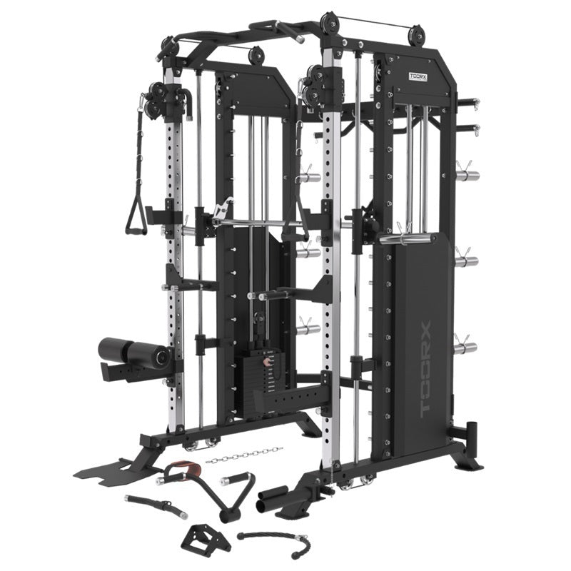 ASX-6000 Stazione multifunzione Professional all in one pacco pesi 2 x 90 kg -Dual Pulley + Smith machine + Rack functional con traliccio per le trazioni e dip station TOORX