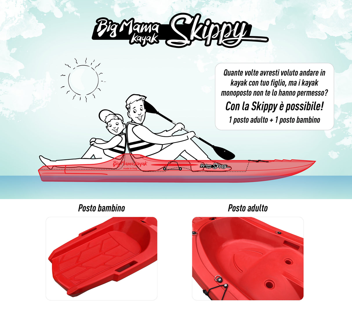 KAYAK MONOPOSTO SKIPPY 2.0 EXPEDITION BIG MAMA KAYAK 305 CM CON 1 POSTO ADULTO + 1 POSTO BAMBINO + 1 PAGAIA (PACK 1)