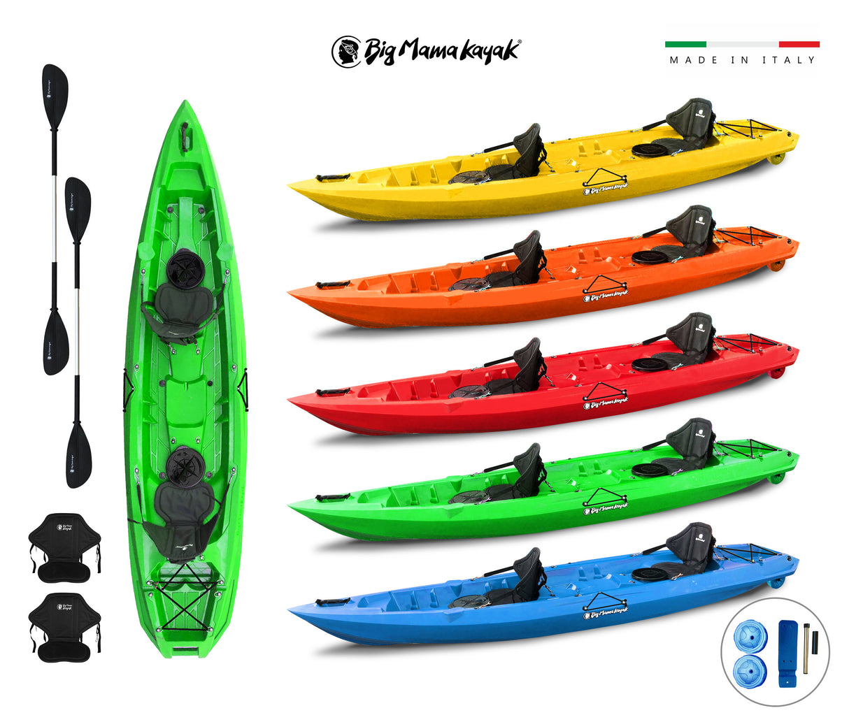 MOJITO BIG MAMA KAYAK canoa con 2 + 1 Posti, 380 Cm + 2 Gavoni + 2 ruote integrate + 2 Pagaie + 2 Seggiolini (FULL PACK)