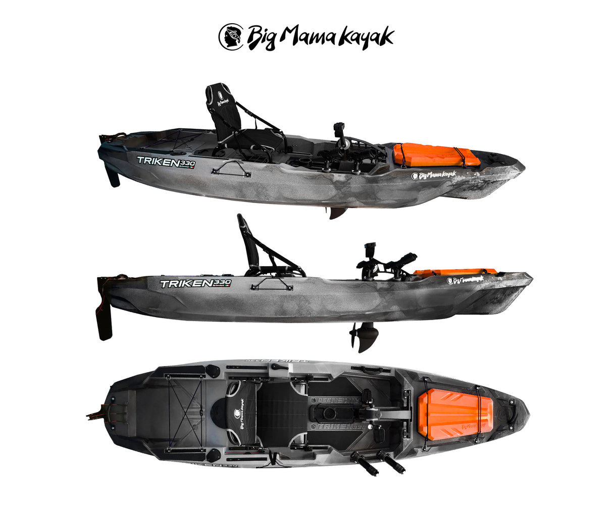 BIG MAMA KAYAK A PEDALI TRIKEN 330 - CANOA MONOPOSTO FISHING CON 4 PORTACANNE, 2 GAVONI, TIMONE, SISTEMA DI PEDALI, SEDILE RIALZATO, 11 BARRE DI SCORRIMENTO ver. coperchio arancio