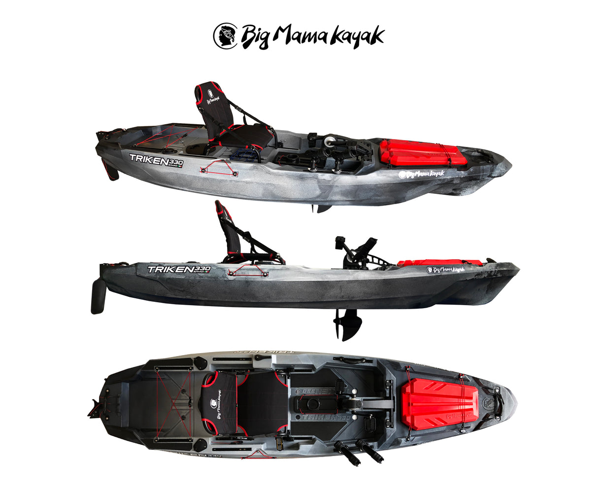 BIG MAMA KAYAK A PEDALI TRIKEN 330 - CANOA MONOPOSTO FISHING CON 4 PORTACANNE, 2 GAVONI, TIMONE, SISTEMA DI PEDALI, SEDILE RIALZATO, 11 BARRE DI SCORRIMENTO, ver. coperchio rosso