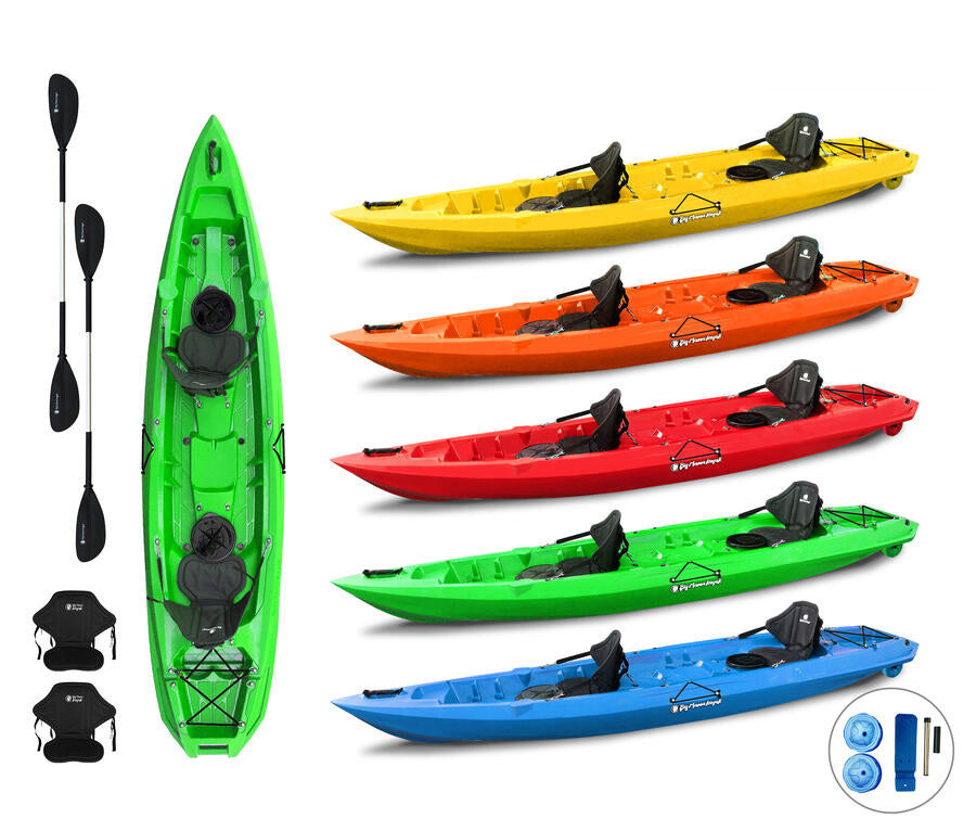 MOJITO BIG MAMA KAYAK canoa con 2 + 1 Posti, 380 Cm + 2 Gavoni + 2 ruote integrate + 2 Pagaie + 2 Seggiolini (FULL PACK)