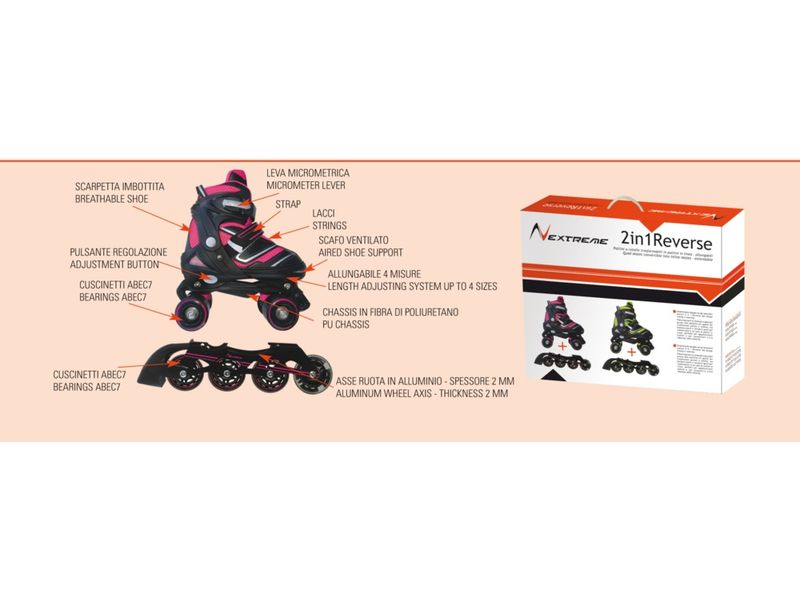 cod.GRG-059 Pattini a Rotelle Trasformabili in Pattini in Linea 2 in1 REVERSE Fucsia misura L Nextreme