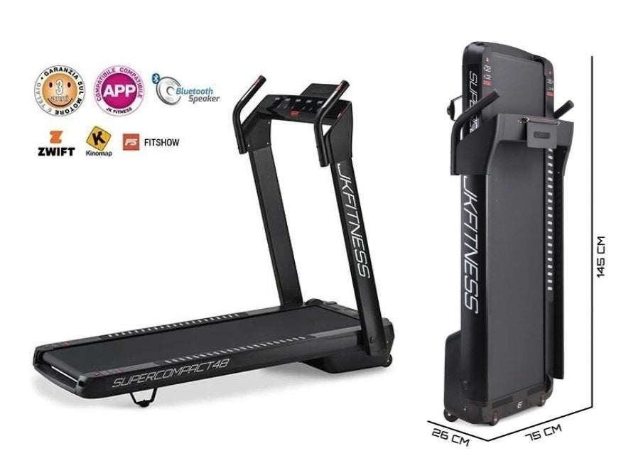 Supercompact 48 Tapis Roulant Jk Fitness Compatibili Zwift E Kinomap - Velocità 16 Km/h - Motore 2.0 Hp - Peso Max Utente 120 Kg Cod.sc-48 Black